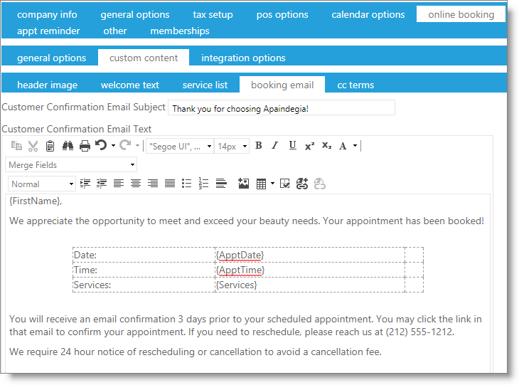 Envision Cloud User Guide Online Booking Custom Booking Email